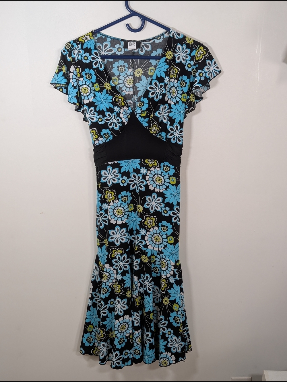 Studio 1940 Black Blue Floral V-Neck Tie Waist Midi Dress Flutter Sleeve L